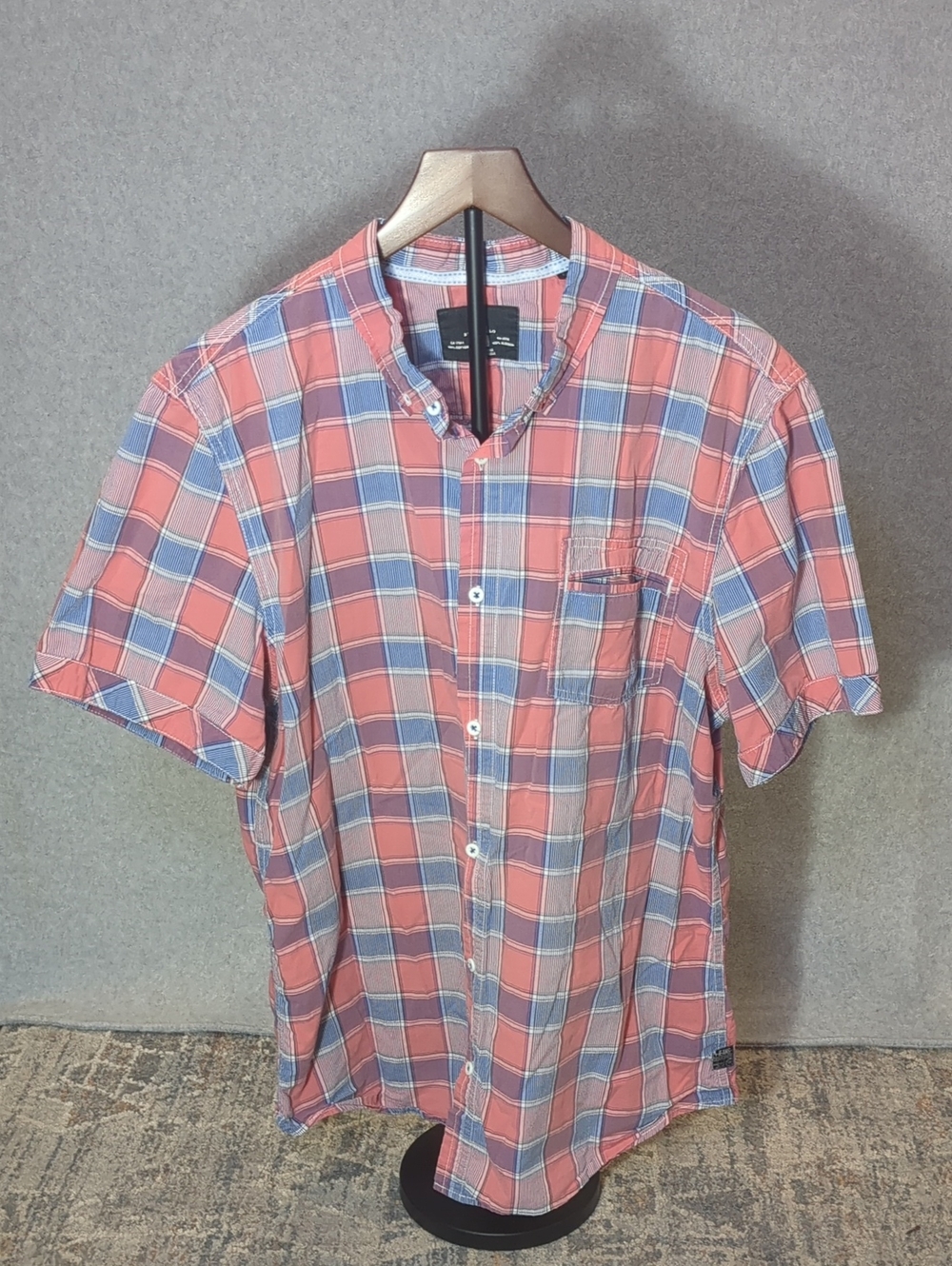 i jeans by Buffalo 100% Cotton Coral and Blue Plaid Short-Sleeve Button-Down,XL